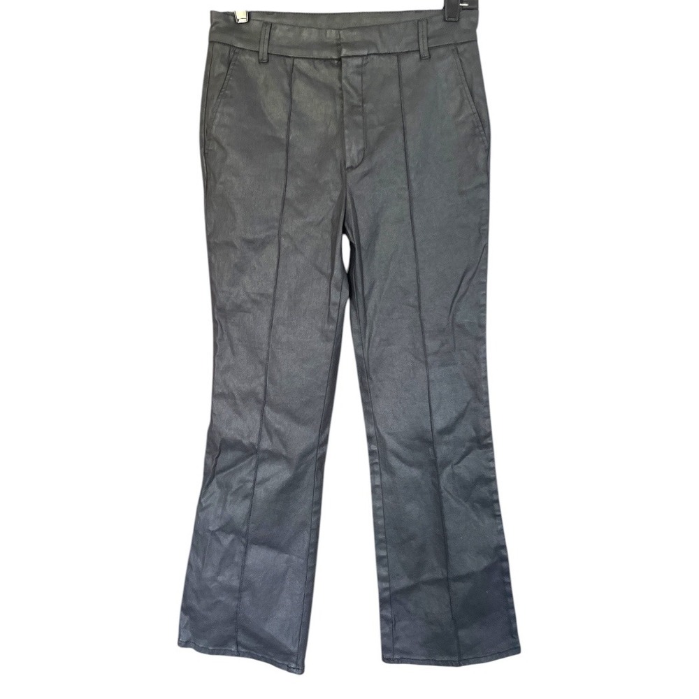 Massimo Dutti Waxed Black Bootcut Coated Flared Trousers 4